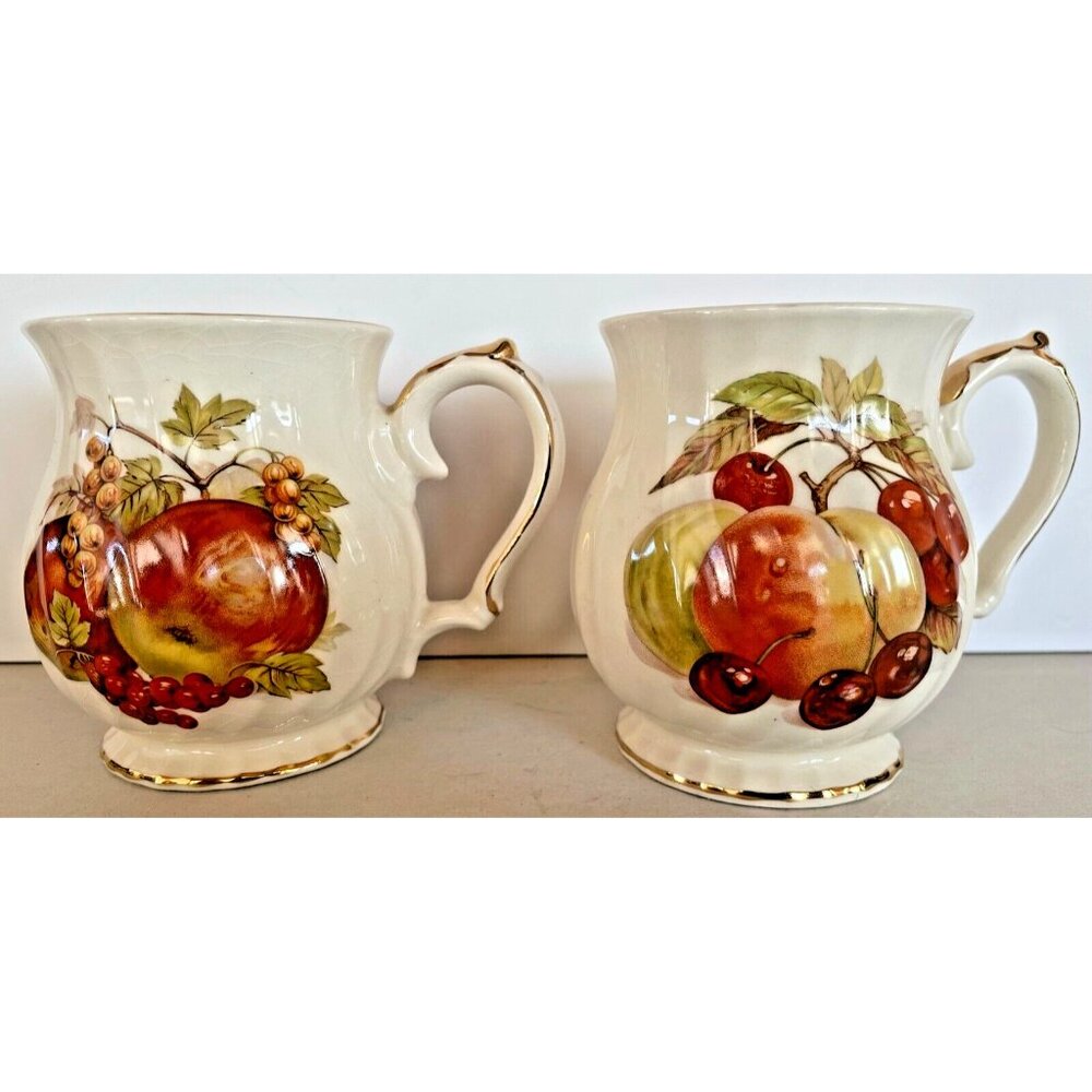 Vintage Sadler England Coffee Mugs Pair of 2 Fruit Motif Gold Rim Swirl